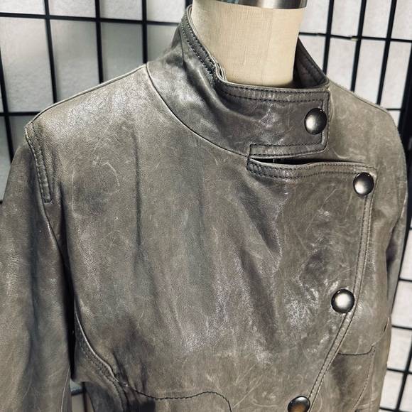 Haute Hippie Rounded Collar Zipper & Button Front Leather Jacket Asymmetric Flap - Picture 4 of 10